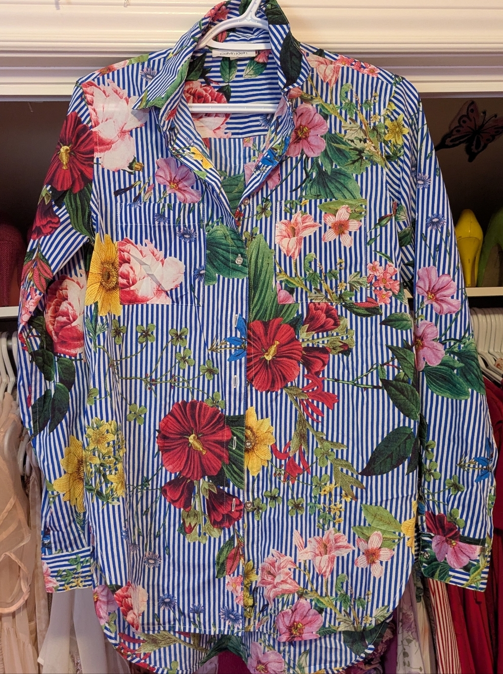 Calvin Klein Blue & White Striped Floral Button-Down Cottagecore Blouse